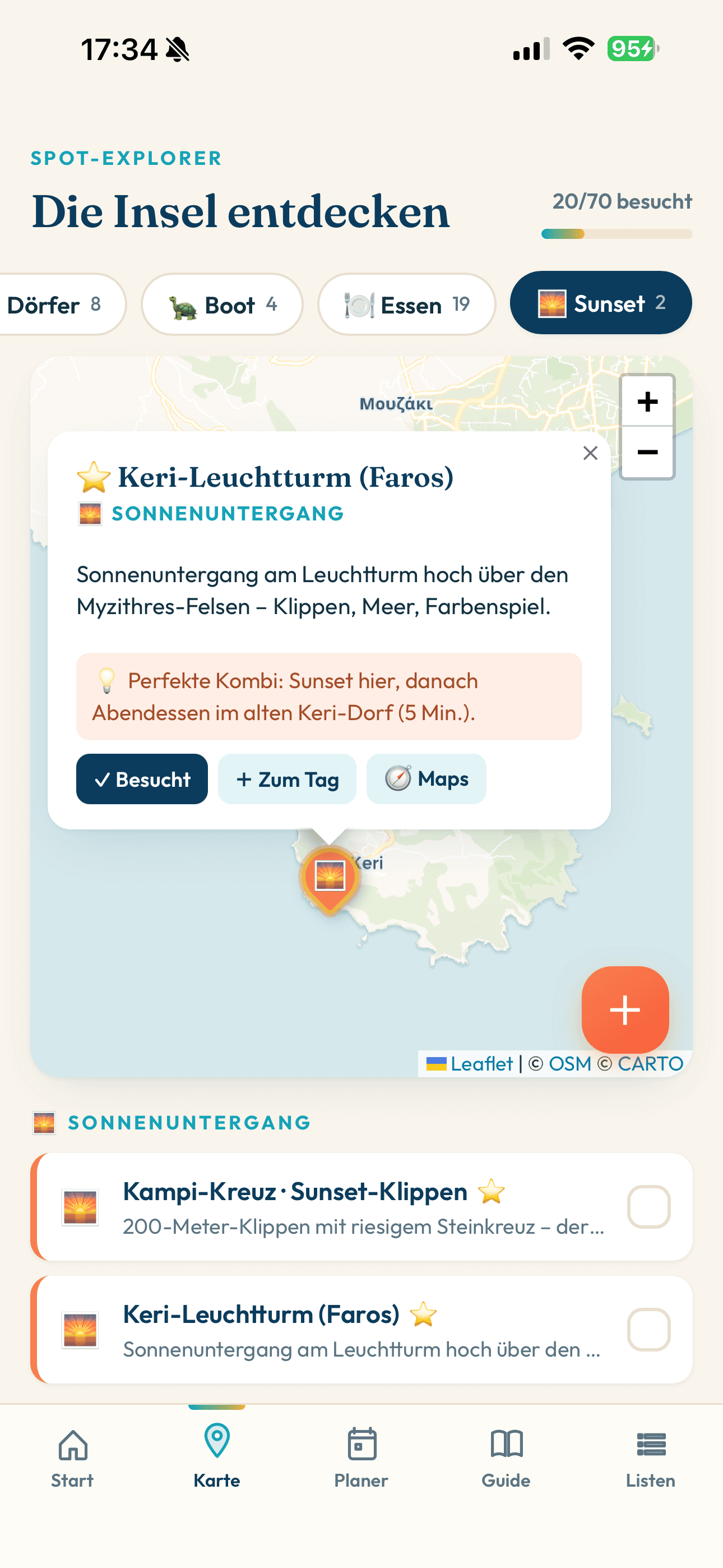 Handy-Ansicht 2: Organisations-App für eine Reise
